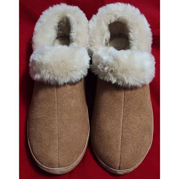 Propet Faux Fur Lined Suede Indoor/Outdoor Slippers Camel 7 - Picture 1 of 4